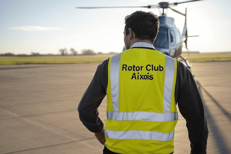 homme sécurité rotor club aixois marche vers hélicoptère